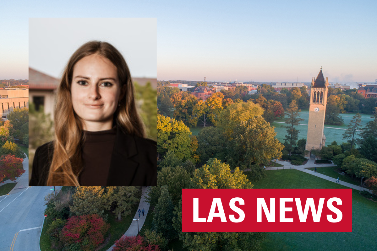 Student headshot overlaying an aerial view of Iowa State campus