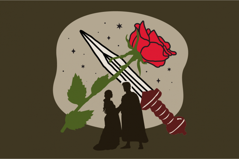 Illustration with two silhouetted figures standing close together. A red rose and a sword or blade cross in the background.