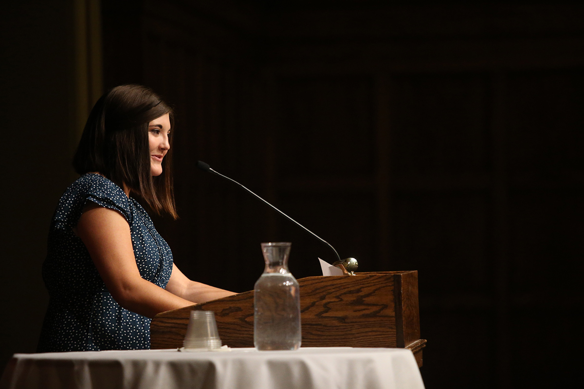 BriAna Campbell, senior in journalism and mass communication, introduces speaker Ali Velshi for the 2017 Manatt-Phelps Lecture in Political Science.