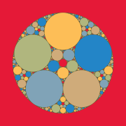 A Circle packing figure. Inside a circle are five large circles in a ring, with five circles in another ring inside of it, and one circle in the center. Circles are also packed into all the open spaces.