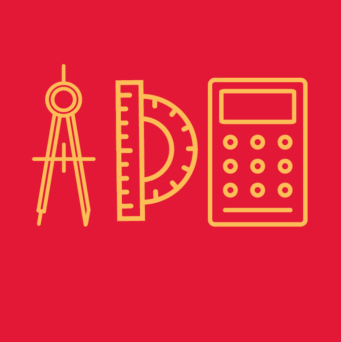 Red background and yellow icons of a mathematical compass, ruler and protractor, and calculator