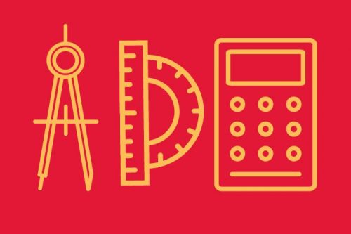 Red background and yellow icons of a mathematical compass, ruler and protractor, and calculator