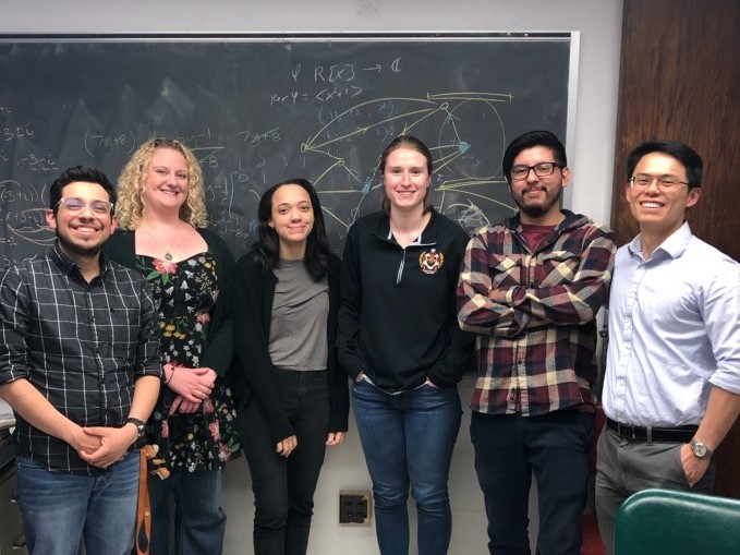 Group of students in front of mathematics blackboard