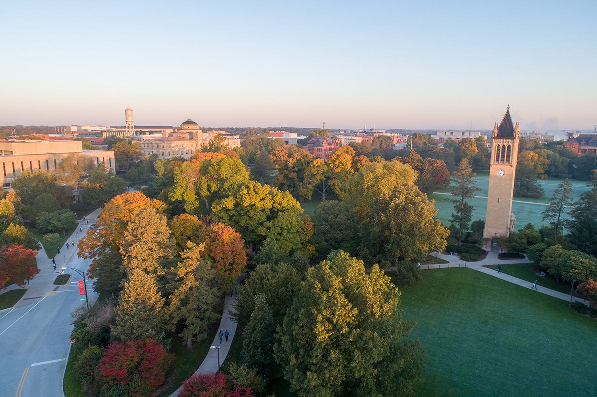 Aerial view of ISU campus with Campanile in background