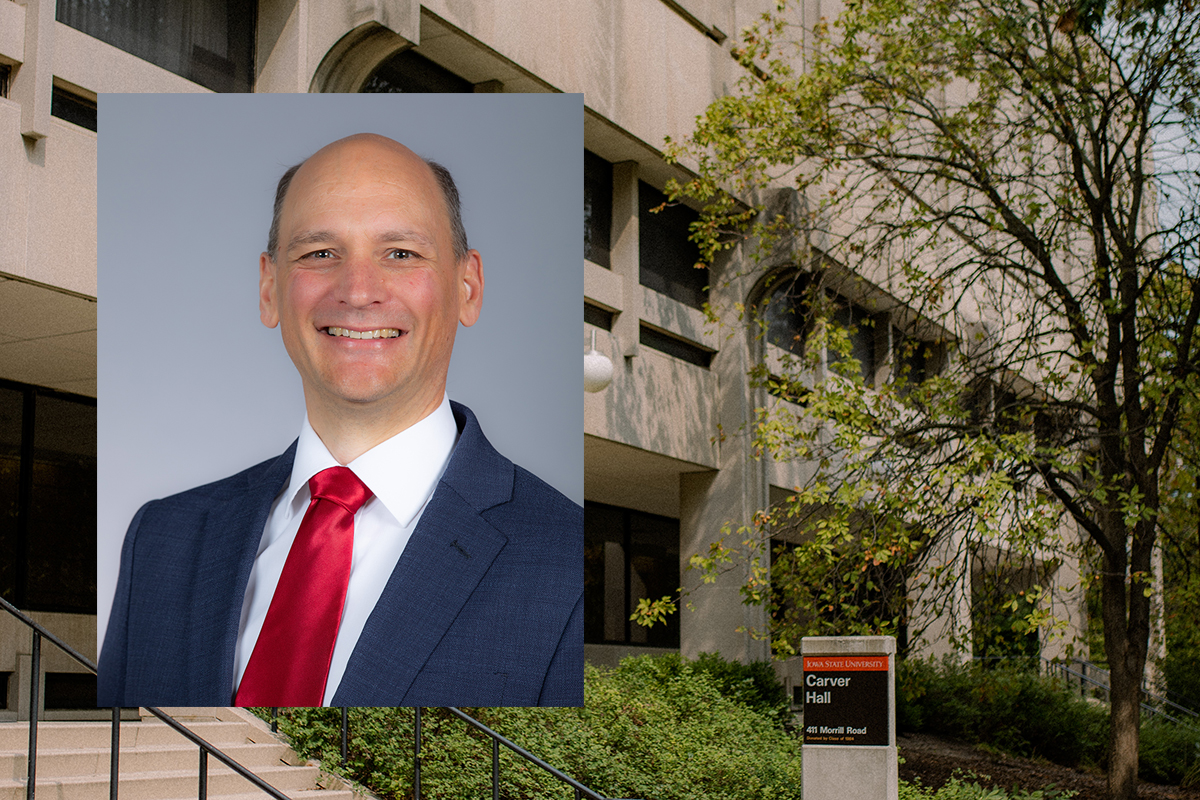 Portrait photo of Eric Weber overlaid on photo of Carver Hall