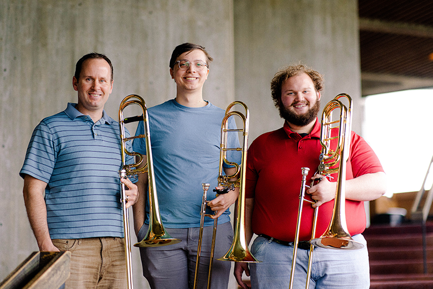 Nathan Dishman, associate professor in trombone,  Alex Schwarte (‘24 software engineering, music) and  Kyle Grossnickle (‘23 music education).