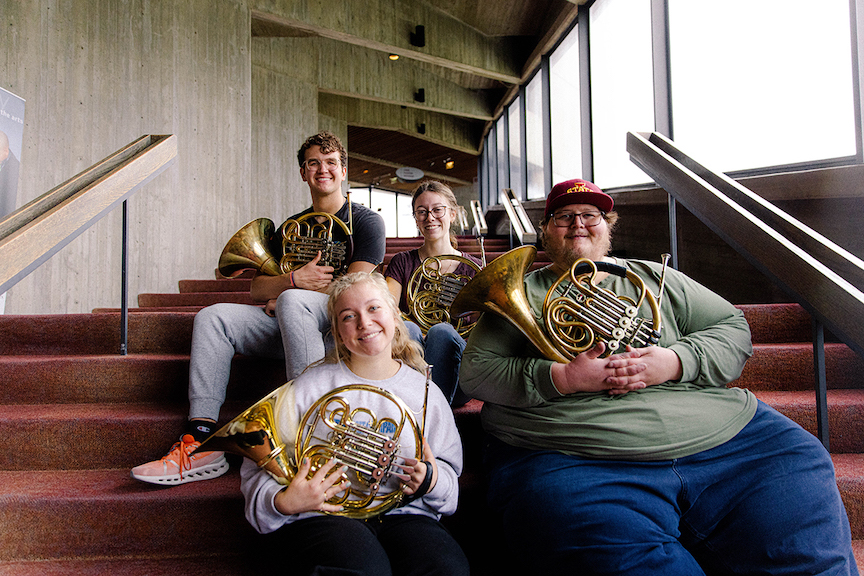 Kyle Laake (‘26 environmental science, music) and Holly Kirchhoff (‘23 music). Front row: Bethany Kallio (‘24 music) and Josh Johnson, associate teaching professor of music.