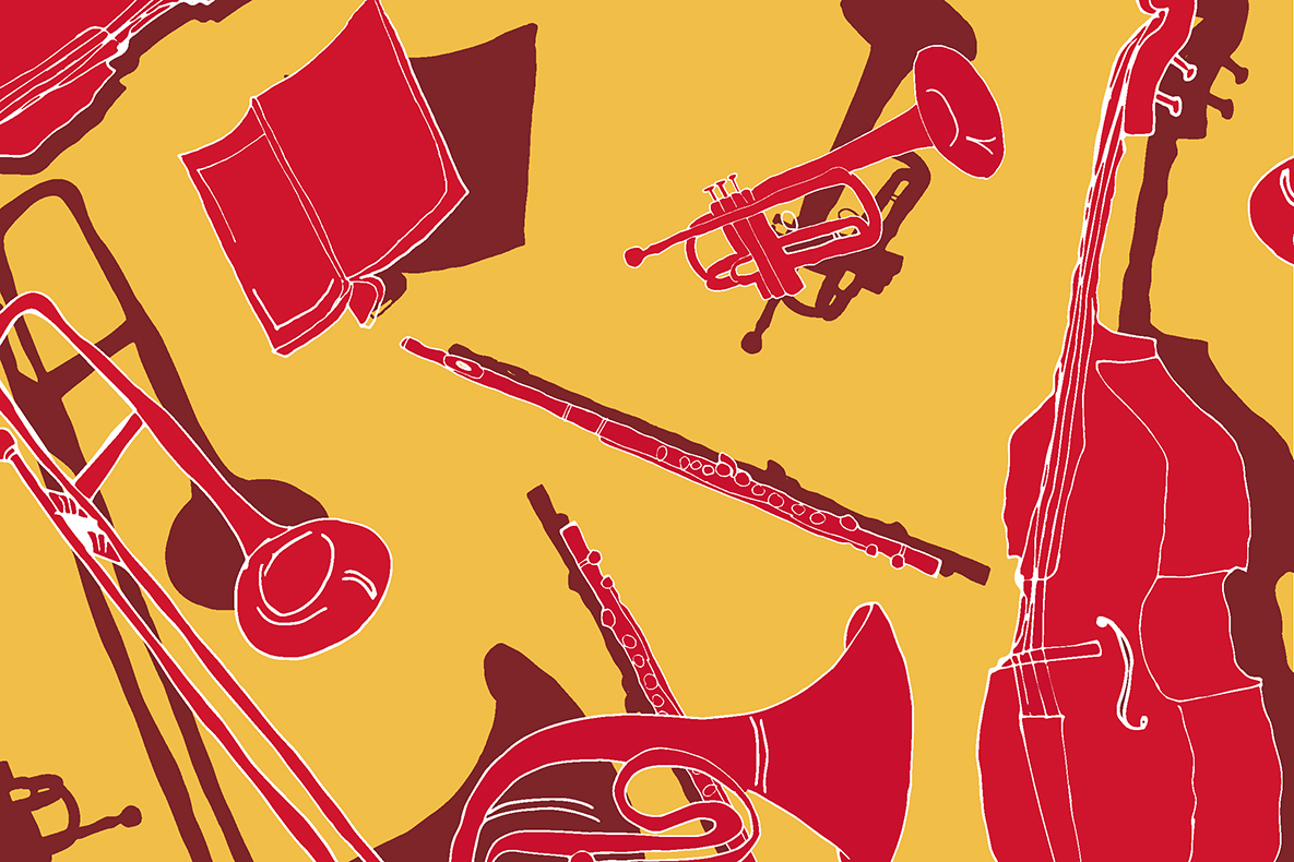 Colorful artwork of trumpets, trombones and other instruments