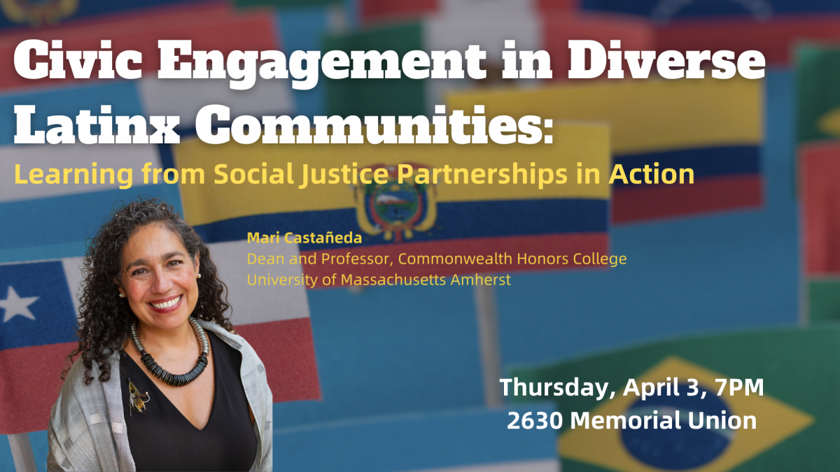 Mari Castaneda smiling on a graphic promoting her lecture called Civic Engagement in Diverse Latinx Communities