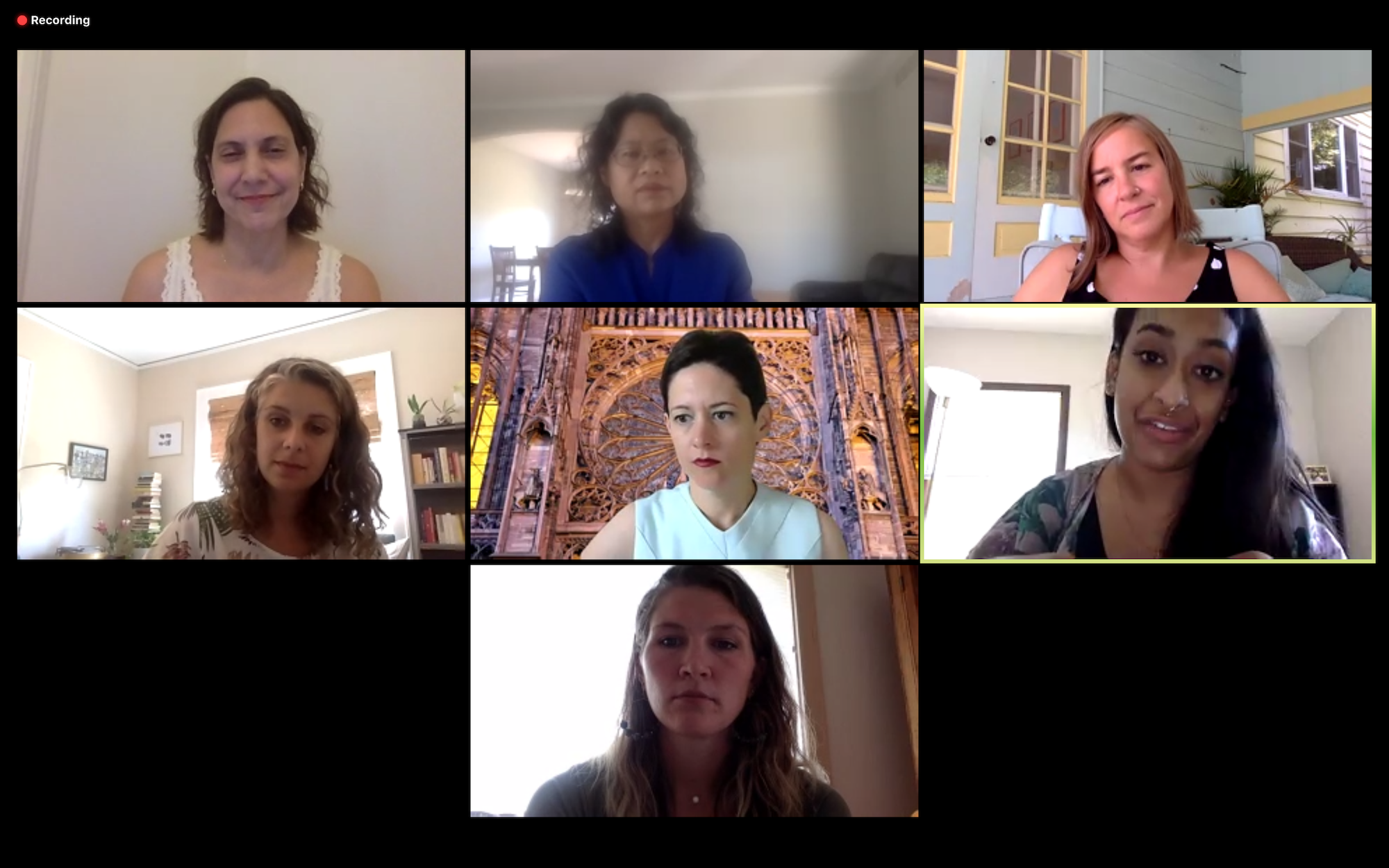 screenshot of Zoom meeting, including seven women